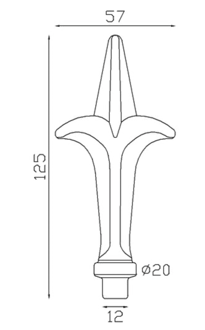 Pointe de lance style fleur de lys en fer forgé. Hauteur 125mm largeur 57mm avec une base en tige d'un diamètre de 12mm qui permet d'être insérée dans un tube creux. Elément décoratif idéal pour votre portail ou clôture, par exemple. Fixation par soudure. Fournie brut, à peindre ou à vernir avec un produit adapté qui protège contre la corrosion, produit galvanisable.