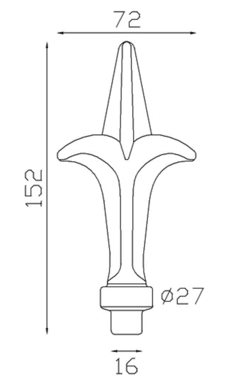 Pointe de lance style fleur de lys en fer forgé. Hauteur 152mm largeur 72mm avec une base en tige d'un diamètre de 16mm qui permet d'être insérée dans un tube creux. Elément décoratif idéal pour votre portail ou clôture, par exemple. Fixation par soudure. Fournie brut, à peindre ou à vernir avec un produit adapté qui protège contre la corrosion, produit galvanisable.