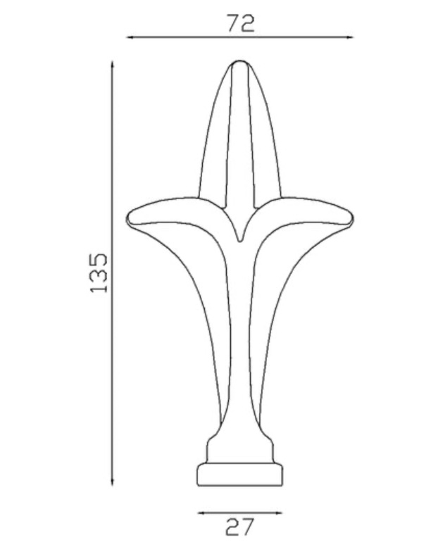 Pointe de lance de 135mm de haut par 72mm de large et avec une base d'un diamètre de 27mm. Style fleur de Lys. En fer forgé, galvanisable. Fournie brute, à peindre ou à vernir. Idéal pour ornementer votre portail ou votre clôture.