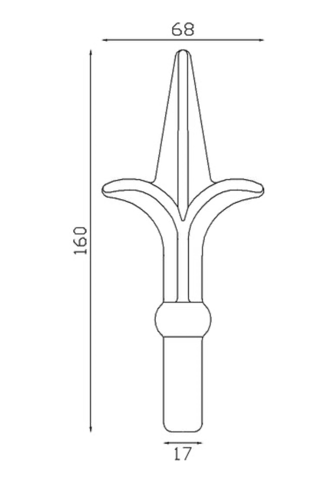 Pointe de lance style fleur de lys, embase en boule, en fer forgé. Hauteur 160mm largeur 68mm avec une base en tige d'un diamètre de 17mm qui permet d'être insérée dans un tube creux. Elément décoratif idéal pour votre portail ou clôture, par exemple. Fixation par soudure. Fournie brut, à peindre ou à vernir avec un produit adapté qui protège contre la corrosion, produit galvanisable.