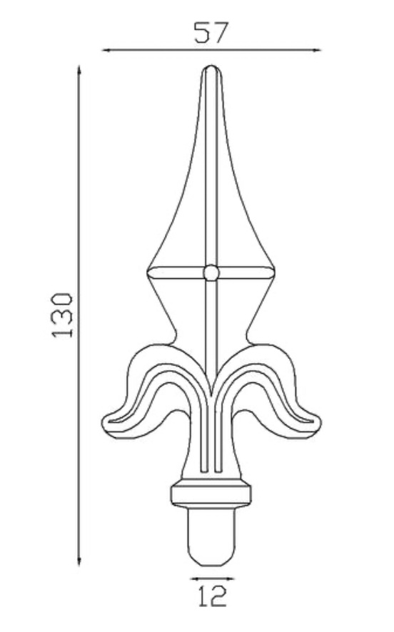 Pointe de lance style fleur de lys en fer forgé. Hauteur 130mm largeur 57mm avec une base en tige d'un diamètre de 12mm qui permet d'être insérée dans un tube creux. Elément décoratif idéal pour votre portail ou clôture, par exemple. Fixation par soudure. Fournie brut, à peindre ou à vernir avec un produit adapté qui protège contre la corrosion, produit galvanisable.