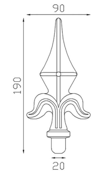 Pointe de lance style fleur de lys en fer forgé. Hauteur 192mm largeur 93mm avec une base en tige d'un diamètre de 20mm qui permet d'être insérée dans un tube creux. Elément décoratif idéal pour votre portail ou clôture, par exemple. Fixation par soudure. Fournie brut, à peindre ou à vernir avec un produit adapté qui protège contre la corrosion, produit galvanisable.