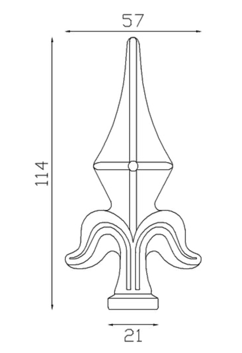 Pointe de lance style fleur de lys en fer forgé. Hauteur 114mm largeur 57mm avec base pleine d'un diamètre de 21mm, compatible avec tube de diamètre inférieur. Elément décoratif idéal pour votre portail ou clôture, par exemple. Fixation par soudure. Fournie brut, à peindre ou à vernir avec un produit adapté qui protège contre la corrosion, produit galvanisable.