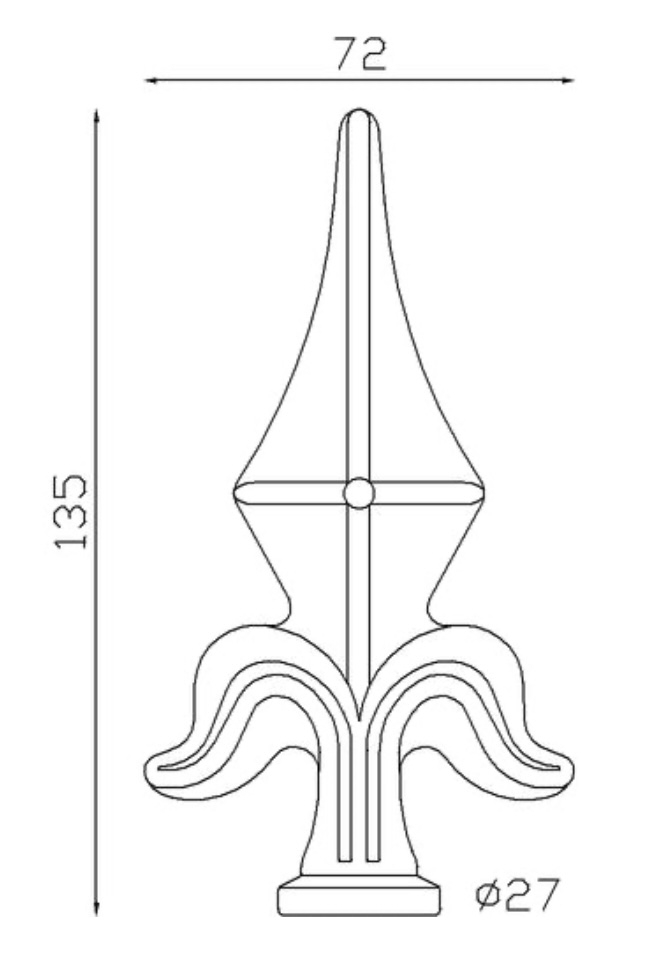 Pointe de lance style fleur de lys en fer forgé. Hauteur 135mm largeur 72mm avec une base pleine d'un diamètre ø27mm, compatible avec tube de diamètre inférieur. Elément décoratif idéal pour votre portail ou clôture, par exemple. Fixation par soudure. Fournie brut, à peindre ou à vernir avec un produit adapté qui protège contre la corrosion, produit galvanisable.