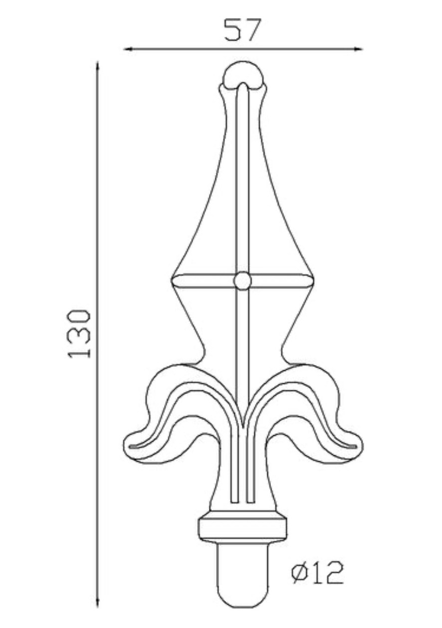 Pointe de lance avec détail de boule au sommet. Hauteur 130mm largeur 57mm avec une base en tige d'un diamètre de 12mm qui permet d'être insérée dans un tube creux. Elément décoratif idéal pour votre portail ou clôture, par exemple. Fixation par soudure. Fournie brut, à peindre ou à vernir avec un produit adapté qui protège contre la corrosion, produit galvanisable.