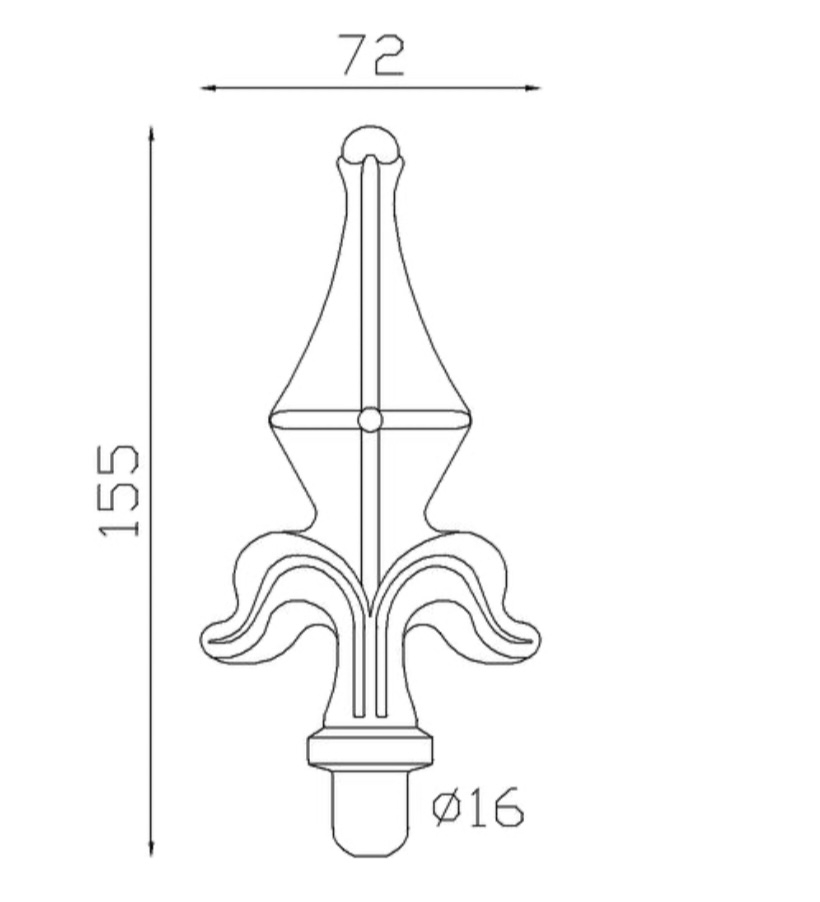 Pointe de lance avec détail de boule au sommet. Hauteur 155mm largeur 72mm avec une base en tige d'un diamètre de 16mm qui permet d'être insérée dans un tube creux. Elément décoratif idéal pour votre portail ou clôture, par exemple. Fixation par soudure. Fournie brut, à peindre ou à vernir avec un produit adapté qui protège contre la corrosion, produit galvanisable.