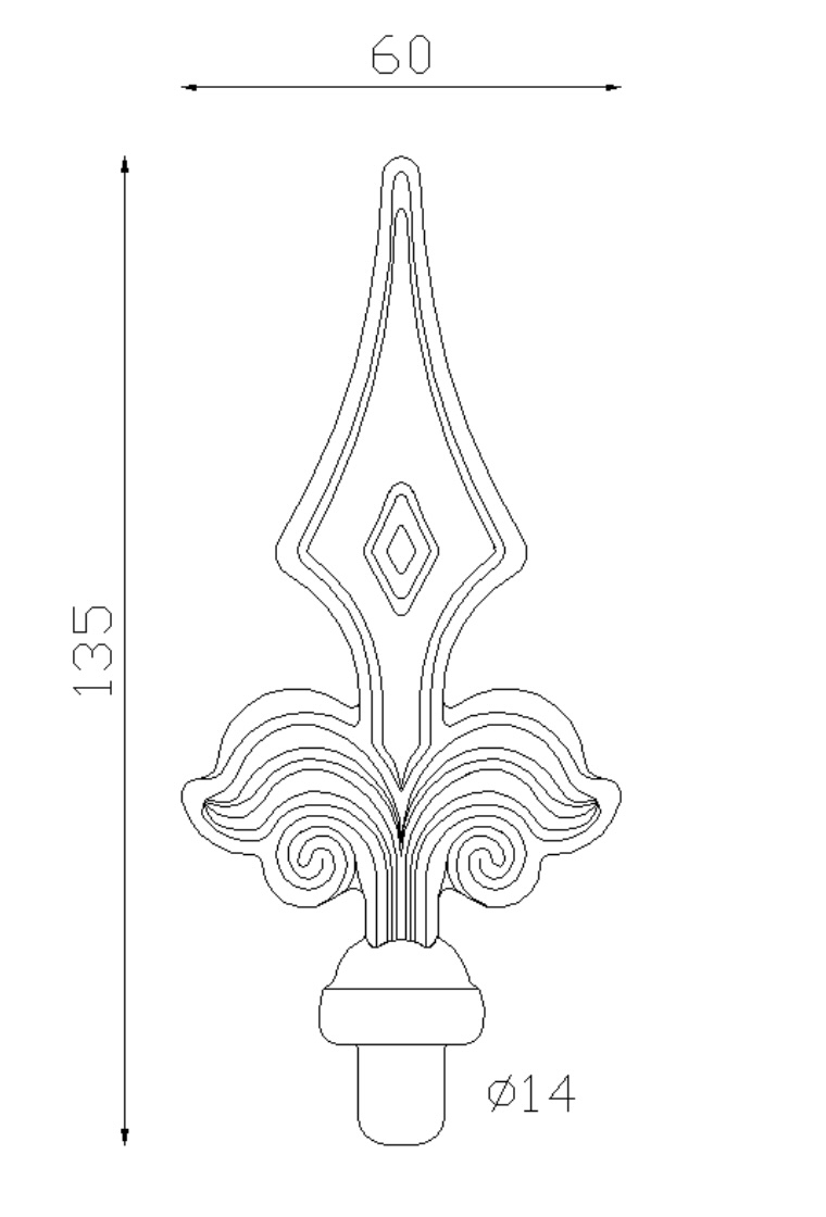 Pointe de lance en fer forgé. Hauteur 135mm largeur 60mm avec une base en tige d'un diamètre de 14mm qui permet d'être insérée dans un tube creux. Elément décoratif idéal pour votre portail ou clôture, par exemple. Fixation par soudure. Fournie brut, à peindre ou à vernir avec un produit adapté qui protège contre la corrosion, produit galvanisable.