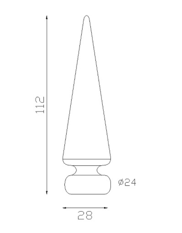 Pointe de lance en cône en fer forgé. Hauteur 112mm largeur 28mm avec base ronde de diamètre 24mm, compatible avec tube rond de diamètre inférieur. Elément décoratif idéal pour votre portail ou clôture, par exemple. Fixation par soudure. Fournie brut, à peindre ou à vernir avec un produit adapté qui protège contre la corrosion, produit galvanisable.