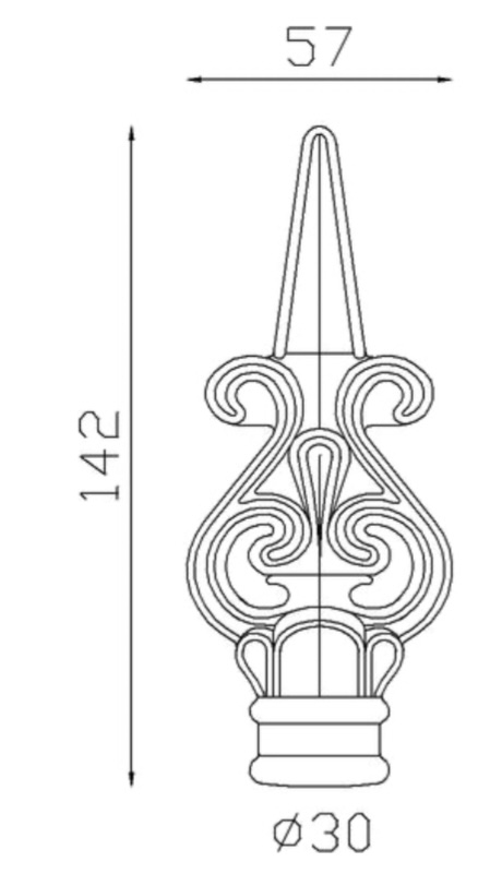 Pointe de lance, en fer forgé. Hauteur 142mm largeur 57mm avec une base ronde pleine de diamètre 30mm, compatible avec tube de diamètre égal ou inférieur. Elément décoratif idéal pour votre portail ou clôture, par exemple. Fixation par soudure. Fournie brut, à peindre ou à vernir avec un produit adapté qui protège contre la corrosion, produit galvanisable.