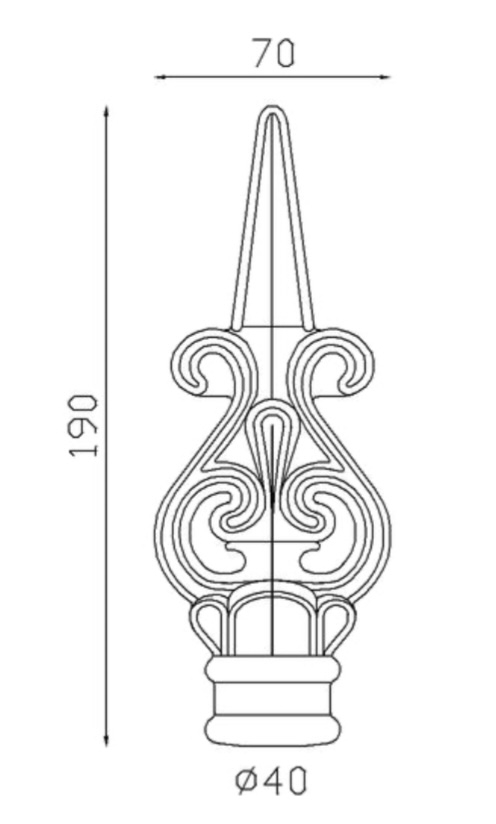 Pointe de lance, en fer forgé. Hauteur 190mm largeur 70mm avec une base ronde pleine de diamètre 40mm, compatible avec tube de diamètre égal ou inférieur. Elément décoratif idéal pour votre portail ou clôture, par exemple. Fixation par soudure. Fournie brut, à peindre ou à vernir avec un produit adapté qui protège contre la corrosion, produit galvanisable.