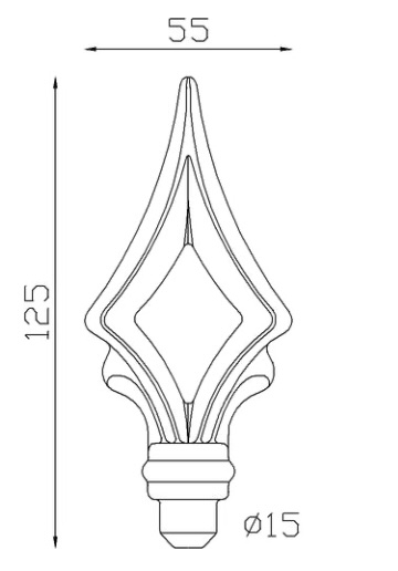 Pointe de lance ajourée en fer forgé. Hauteur 125mm largeur 55mm avec une base en tige d'un diamètre de 15mm qui permet d'être insérée dans un tube creux. Elément décoratif idéal pour votre portail ou clôture, par exemple. Fixation par soudure. Fournie brut, à peindre ou à vernir avec un produit adapté qui protège contre la corrosion, produit galvanisable.