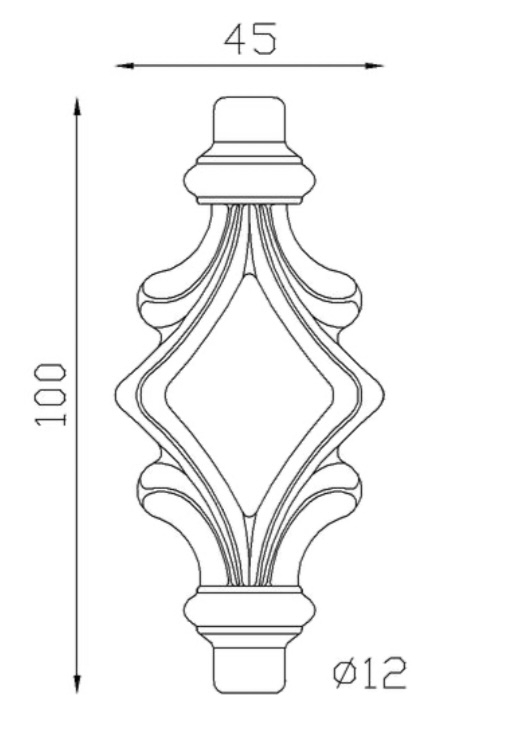 Pointe de lance ajourée en fer forgé. Hauteur 100mm largeur 45mm avec une base en tige d'un diamètre de 12mm qui permet d'être insérée dans un tube creux. Elément décoratif idéal pour votre portail ou clôture, par exemple. Fixation par soudure. Fournie brut, à peindre ou à vernir avec un produit adapté qui protège contre la corrosion, produit galvanisable.