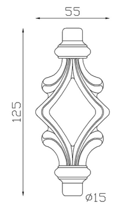 Pointe de lance ajourée en fer forgé. Hauteur 125mm largeur 55mm avec une base en tige d'un diamètre de 15mm qui permet d'être insérée dans un tube creux. Elément décoratif idéal pour votre portail ou clôture, par exemple. Fixation par soudure. Fournie brut, à peindre ou à vernir avec un produit adapté qui protège contre la corrosion, produit galvanisable.