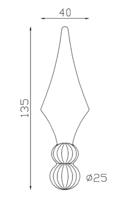 Pointe de lance avec base en forme de double boules à facettes en fer forgé. Hauteur 135mm largeur 40mm avec une base pleine de diamètre 25mm, compatible avec un barreau de diamètre inférieur ou égal. Elément décoratif idéal pour votre portail ou clôture, par exemple. Fixation par soudure. Fournie brut, à peindre ou à vernir avec un produit adapté qui protège contre la corrosion, produit galvanisable.