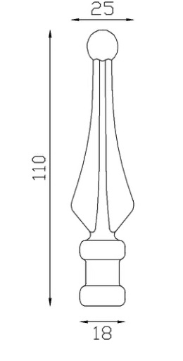 Pointe de lance à quatre faces avec extrémité en forme de boule, en fer forgé. Hauteur 110mm largeur 25mm avec une base carré pleine de côté 18mm, compatible avec un barreau de largeur inférieur ou égal. Elément décoratif idéal pour votre portail ou clôture, par exemple. Fixation par soudure. Fournie brut, à peindre ou à vernir avec un produit adapté qui protège contre la corrosion, produit galvanisable.