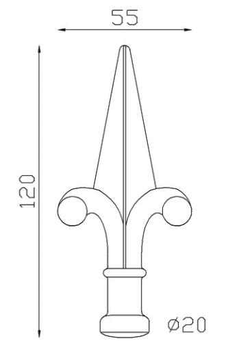 Pointe de lance style fleur de lys en fer forgé. Hauteur 120mm largeur 55mm avec base pleine d'un diamètre de 20mm, compatible avec tube de diamètre inférieur ou égal. Elément décoratif idéal pour votre portail ou clôture, par exemple. Fixation par soudure. Fournie brut, à peindre ou à vernir avec un produit adapté qui protège contre la corrosion, produit galvanisable.