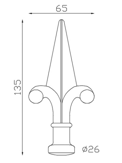 Pointe de lance style fleur de lys en fer forgé. Hauteur 135mm largeur 65mm avec base pleine d'un diamètre de 26mm, compatible avec tube de diamètre inférieur ou égal. Elément décoratif idéal pour votre portail ou clôture, par exemple. Fixation par soudure. Fournie brut, à peindre ou à vernir avec un produit adapté qui protège contre la corrosion, produit galvanisable.