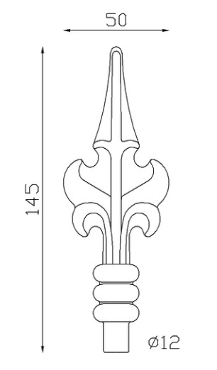 Pointe de lance style fleur de lys en fer forgé. Hauteur 145mm largeur 50mm avec une base en tige d'un diamètre de 12mm qui permet d'être insérée dans un tube creux. Elément décoratif idéal pour votre portail ou clôture, par exemple. Fixation par soudure. Fournie brut, à peindre ou à vernir avec un produit adapté qui protège contre la corrosion, produit galvanisable.