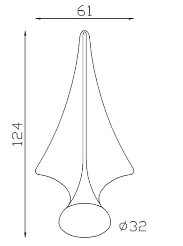 Pointe de lance en fer forgé. Hauteur 124mm largeur 61mm avec base pleine d'un diamètre de 32mm, compatible avec tube de diamètre inférieur ou égal. Elément décoratif idéal pour votre portail ou clôture, par exemple. Fixation par soudure. Fournie brut, à peindre ou à vernir avec un produit adapté qui protège contre la corrosion, produit galvanisable.