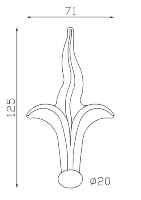 Pointe de lance avec flamme, en fer forgé. Hauteur 125mm largeur 71mm avec base pleine d'un diamètre de 20mm, compatible avec tube de diamètre inférieur ou égal. Elément décoratif idéal pour votre portail ou clôture, par exemple. Fixation par soudure. Fournie brut, à peindre ou à vernir avec un produit adapté qui protège contre la corrosion, produit galvanisable.