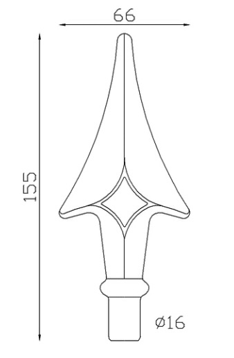 Pointe de lance en fer forgé. Hauteur 155mm largeur 66mm avec une base en tige ronde de  Ø16mm qui permet d'être insérée dans un tube creux. Elément décoratif idéal pour votre portail ou clôture, par exemple. Fixation par soudure. Fournie brut, à peindre ou à vernir avec un produit adapté qui protège contre la corrosion, produit galvanisable.