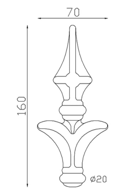 Pointe de lance style agrémentée d'une croix. Hauteur 160mm largeur 70mm avec base pleine d'un diamètre de 20mm, compatible avec tube de diamètre inférieur ou égal. Elément décoratif idéal pour votre portail ou clôture, par exemple. Fixation par soudure. Fournie brut, à peindre ou à vernir avec un produit adapté qui protège contre la corrosion, produit galvanisable.