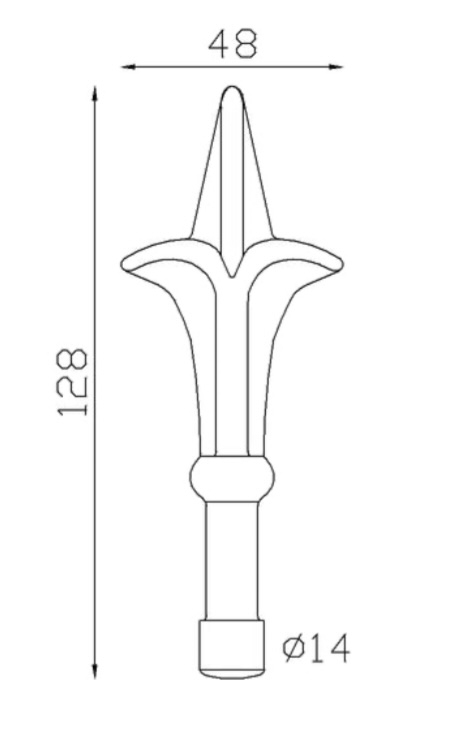 Pointe de lance style fleur de lys surélevée, en fer forgé. Hauteur 128mm largeur 48mm avec une base ronde pleine de diamètre de 14mm, compatible avec un barreau de diamètre inférieur ou égal. Elément décoratif idéal pour votre portail ou clôture, par exemple. Fixation par soudure. Fournie brut, à peindre ou à vernir avec un produit adapté qui protège contre la corrosion, produit galvanisable.