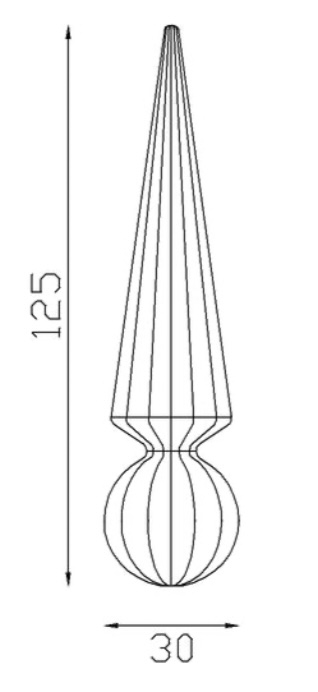 Pointe de lance conique à facettes, en fer forgé. Hauteur 125mm largeur 30mm avec une base ronde pleine de diamètre de 30mm, compatible avec un barreau de diamètre inférieur ou égal. Elément décoratif idéal pour votre portail ou clôture, par exemple. Fixation par soudure. Fournie brut, à peindre ou à vernir avec un produit adapté qui protège contre la corrosion, produit galvanisable.