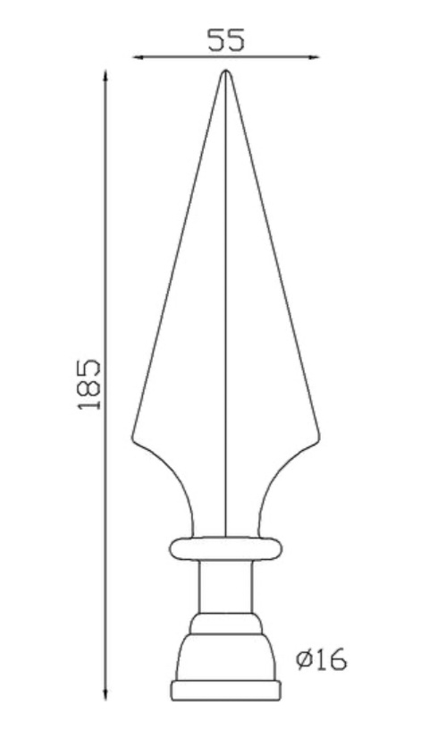 Pointe de lance style flèche, en fonte. Hauteur 185mm largeur 55mm avec une base ronde creuse avec alésage de diamètre 16mm. Elément décoratif idéal pour votre portail ou clôture, par exemple. Fixation par collage, le barreau s'insère à l'intérieur. Fournie brut, à peindre ou à vernir avec un produit adapté qui protège contre la corrosion, produit galvanisable.