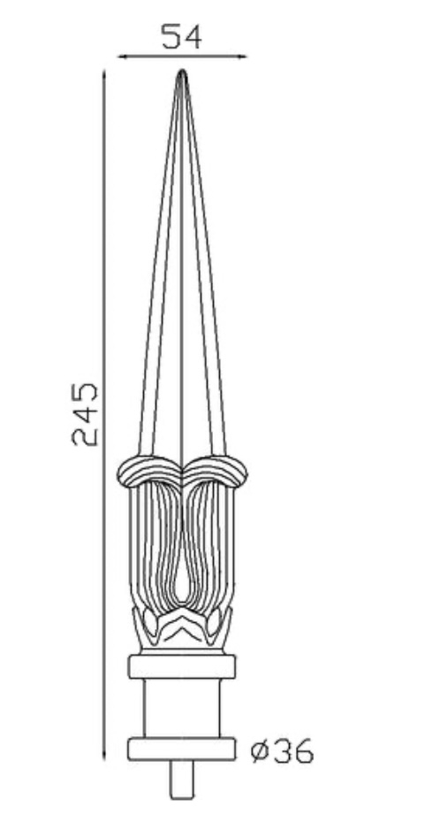 Pointe de lance style médiéval, en fonte. Hauteur 245mm largeur 54mm avec une base ronde pleine de diamètre 32mm. Elément décoratif idéal pour renforcer la sécurité et l'esthétisme de votre portail ou clôture, par exemple. Fixation par soudure sur la tige. Fournie brut, à peindre ou à vernir avec un produit adapté qui protège contre la corrosion.