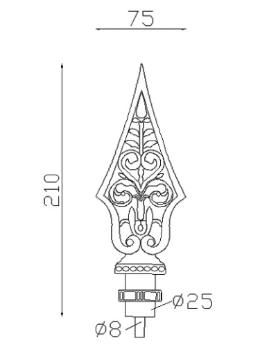 Pointe de lance style médiéval, en fonte. Hauteur 210mm largeur 75mm avec une base ronde pleine de diamètre 25mm. Elément décoratif idéal pour renforcer la sécurité et l'esthétisme de votre portail ou clôture, par exemple. Fixation par soudure sur la tige. Fournie brut, à peindre ou à vernir avec un produit adapté qui protège contre la corrosion.