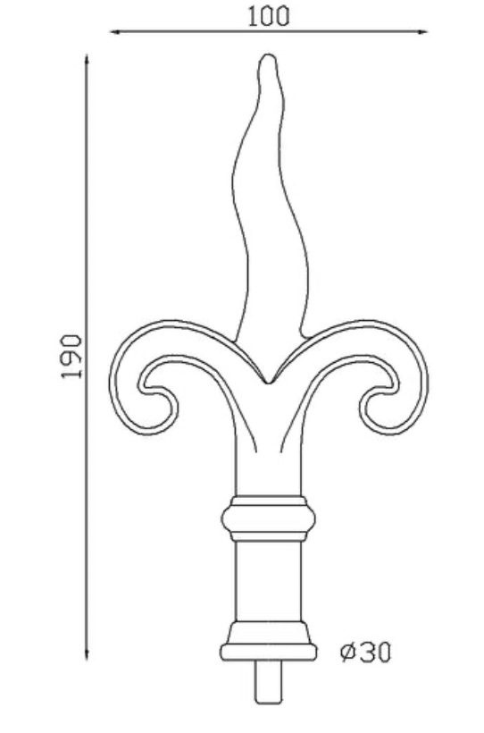 Pointe de lance style flamme, en fonte. Hauteur 190mm largeur 100mm avec une base ronde pleine de diamètre 30mm. Elément décoratif idéal pour renforcer la sécurité et l'esthétisme de votre portail ou clôture, par exemple. Fixation par soudure sur la tige. Fournie brut, à peindre ou à vernir avec un produit adapté qui protège contre la corrosion.