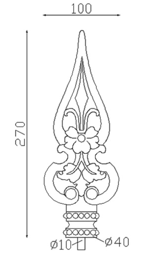 Pointe de lance style médiéval, en fonte. Hauteur 270mm largeur 100mm avec une base ronde pleine de diamètre 40mm. Elément décoratif idéal pour renforcer la sécurité et l'esthétisme de votre portail ou clôture, par exemple. Fixation par soudure sur la tige. Fournie brut, à peindre ou à vernir avec un produit adapté qui protège contre la corrosion.