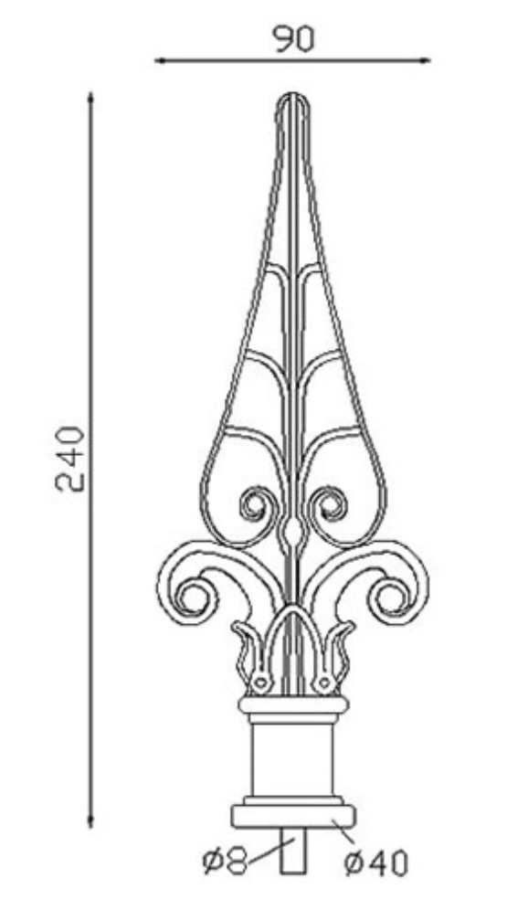 Pointe de lance style médiéval, en fonte. Hauteur 240mm largeur 90mm avec une base ronde pleine de diamètre 40mm. Elément décoratif idéal pour renforcer la sécurité et l'esthétisme de votre portail ou clôture, par exemple. Fixation par soudure sur la tige. Fournie brut, à peindre ou à vernir avec un produit adapté qui protège contre la corrosion.