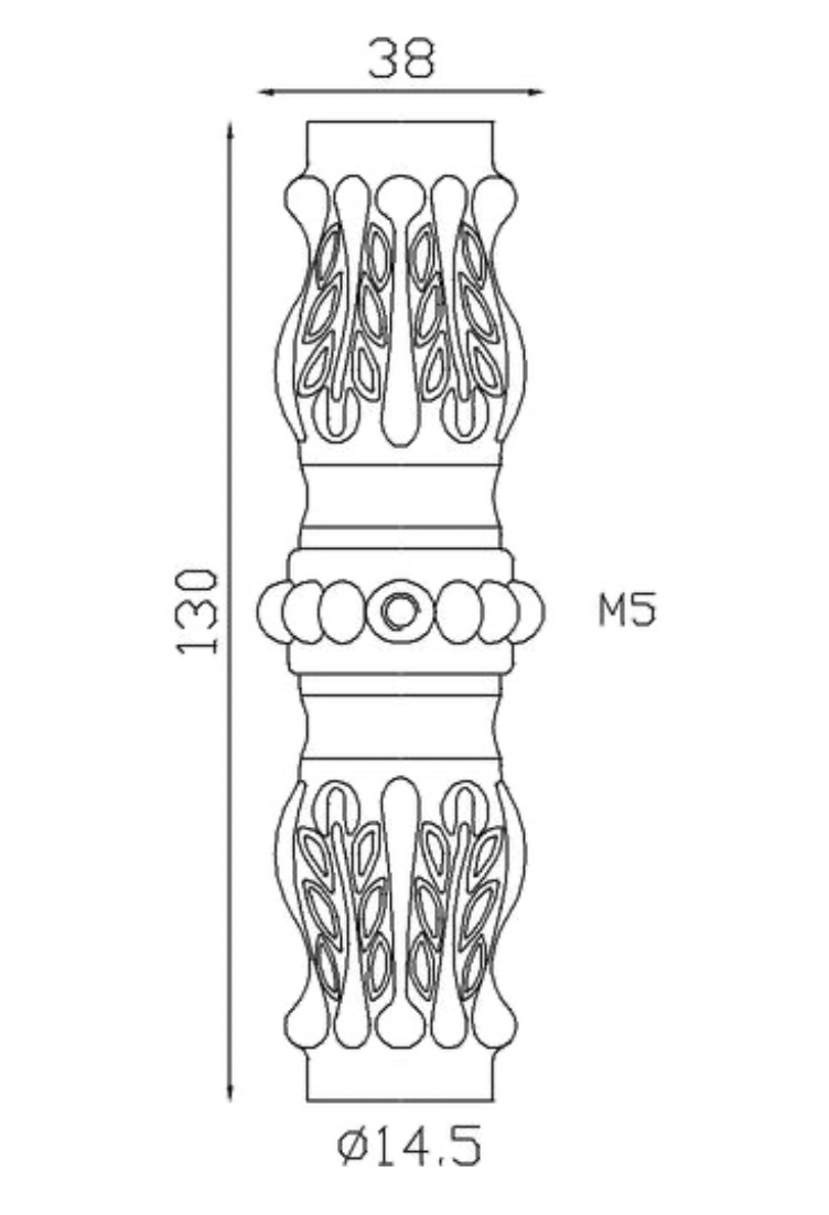 Garniture de barreaux en fonte. Compatible avec des barreaux de diamètre 14mm, grâce à son alésage de ø14,5mm. Hauteur 130mm largeur 38mm. Cette bague aux motifs travaillés ornera vos barreaux de grilles de défense, portails, escaliers par exemple. Fixation facile, à visser (livrée avec sa vis). Fourni brut, à peindre ou à vernir avec un produit adapté pour la protection contre la corrosion. Produit galvanisable.