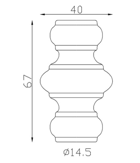 Garniture de barreaux. Compatible avec des barreaux de diamètre 14mm, grâce à son alésage de ø14,5mm. Hauteur 67mm largeur 40mm. Cette bague d'apparence sobre ornera vos barreaux de grilles de défense, portails, escaliers par exemple. Fixation par soudure. Fourni brut, à peindre ou à vernir avec un produit adapté pour la protection contre la corrosion.