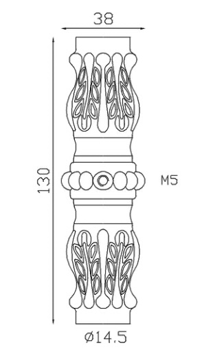 Garniture de barreaux en fer forgé. Compatible avec des barreaux de diamètre 14mm, grâce à son taraudage de ø14,5mm. Hauteur 130mm largeur 38mm. Cette bague aux détails travaillés ornera vos barreaux de grilles de défense, portails, escaliers par exemple. Fixation facile, à visser par vis avec taraudage M5. Fourni brut, à peindre ou à vernir avec un produit adapté pour la protection contre la corrosion.