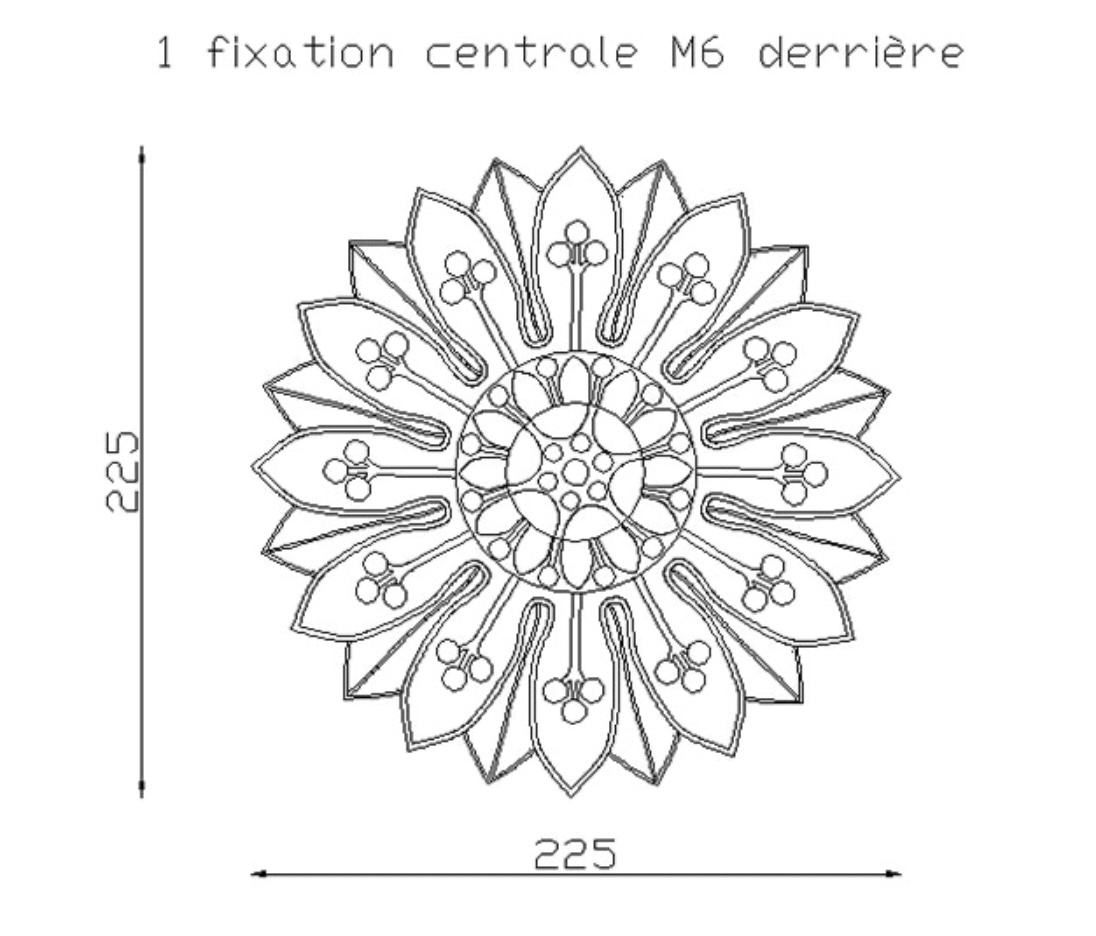 Rosace en fonte motif fleur de tournesol (soleil). Diamètre de 225mm. Utilisation pour ornement de votre portail ou portillon, par exemple, souvent en association avec une palmette. Fixation par vissage avec vis en M5, soit  Ø4,2mm, grâce à son taraudage M6. Fournie brute, à peindre ou à vernir. La fonte est reconnue pour sa solidité, sa durabilité et sa résistance à la corrosion.