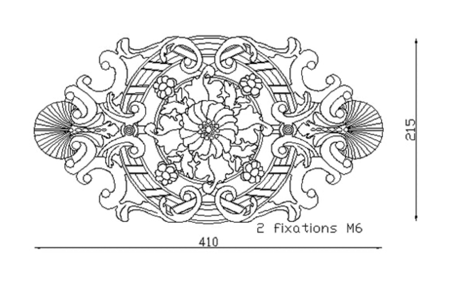 Palmette en fonte zinguée avec détails de fleurs et de feuilles. Hauteur 215mm Longueur 410mm. Utilisation pour ornement de votre portail ou portillon, par exemple. Fixation par vissage avec deux vis en M6, soit  Ø5mm. Fournie brute, à peindre ou à vernir. La fonte zinguée est reconnue pour sa solidité, sa durabilité et sa résistance à la corrosion.