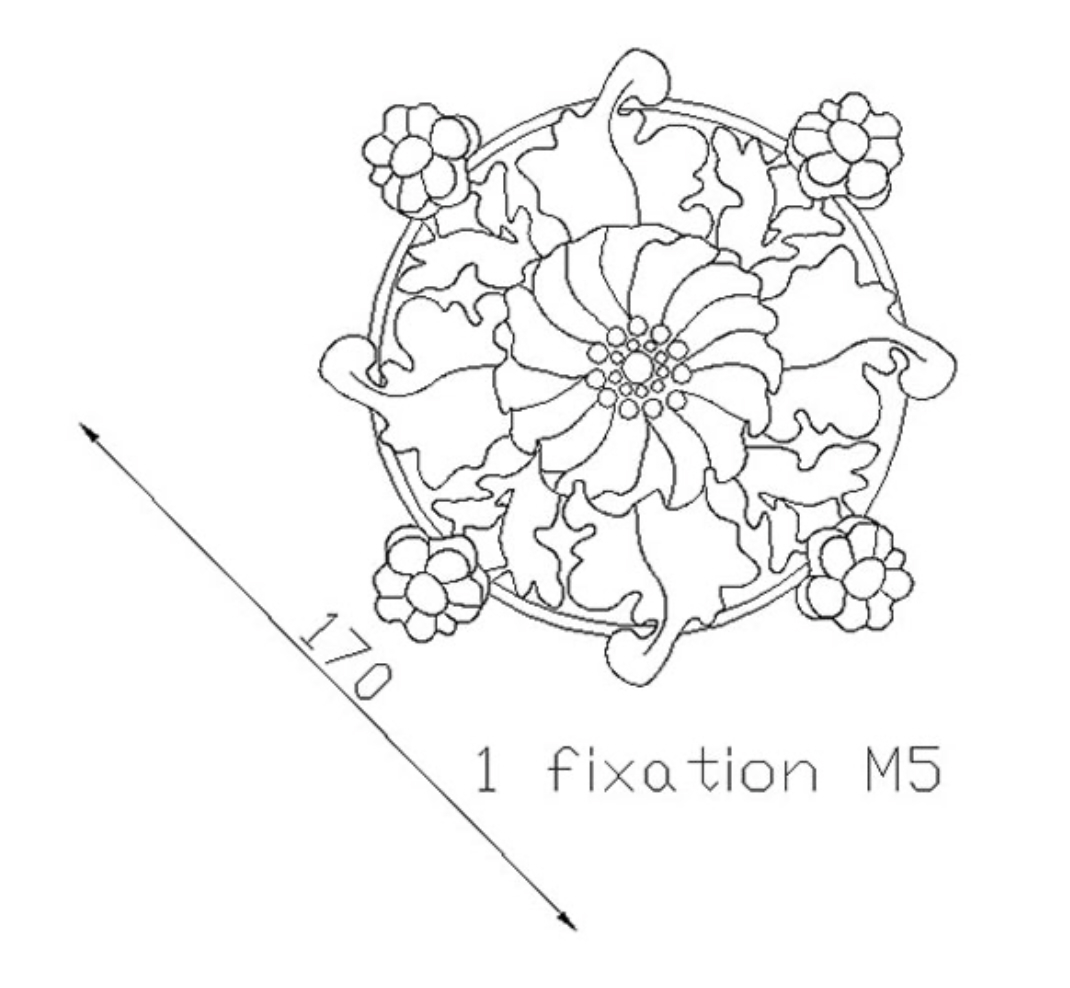 Rosace en fonte zinguée avec détails de fleurs et de feuilles. Diamètre de 170mm. Utilisation pour ornement de votre portail ou portillon. Fixation par vissage avec vis en M5, soit  Ø4,2mm, grâce à son taraudage M6. Fournie brute, à peindre ou à vernir. La fonte zinguée est reconnue pour sa solidité, sa durabilité et sa résistance à la corrosion.