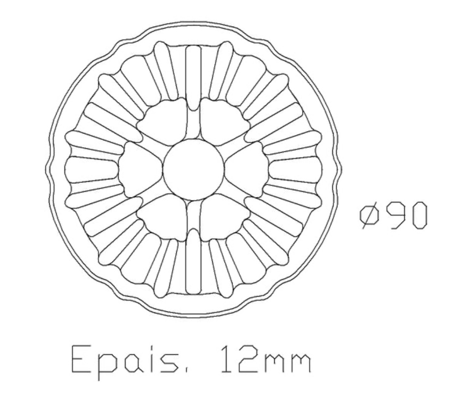 Rosace en fer forgé avec motif floral. Diamètre de 90mm épaisseur de 12mm. Utilisation pour ornement de votre portail ou portillon, par exemple, souvent associée à des palmettes. Fixation par soudure. Fournie brute, à peindre ou à vernir, ne pas oublier de la protéger contre la corrosion en utilisant un produit spécial anti rouille. Vous pourrez facilement y faire un taraudage pour pouvoir la visser.