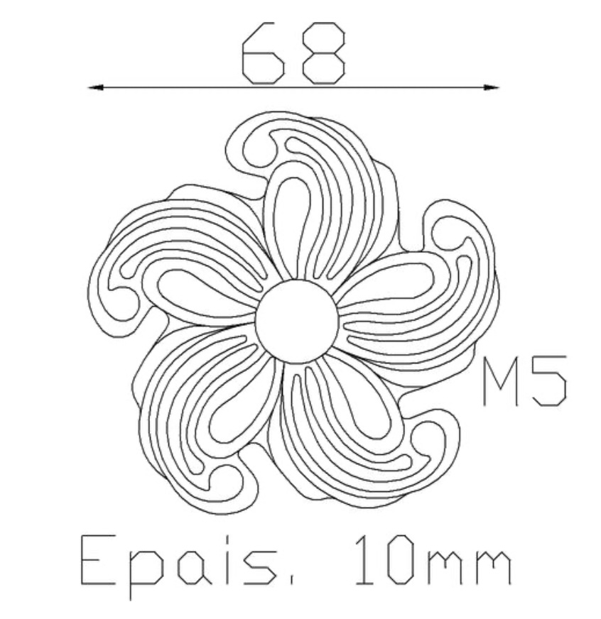 Rosace en fer forgé avec motif estampé, floral. Diamètre de 68mm épaisseur de 10mm. Utilisation pour ornement de votre portail ou portillon, par exemple. Fixation par soudure. Fournie brute, à peindre ou à vernir, ne pas oublier de la protéger contre la corrosion en utilisant un produit spécial anti rouille. Vous pourrez facilement y faire un taraudage pour pouvoir la visser.