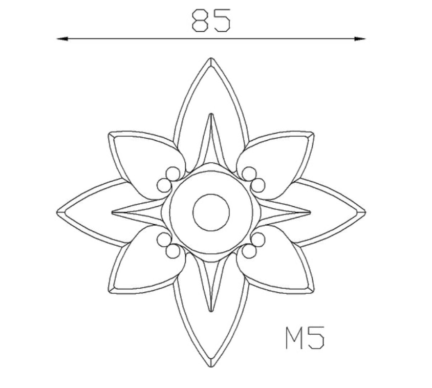 Rosace en fonte avec détails pétales en forme d'étoile. Diamètre de 84mm. Utilisation pour ornement de votre portail ou portillon, souvent en association avec des palmettes.Se marie également avec le bois, en décoration de porte d'entrée. Fixation par vissage avec vis en M5, soit  Ø4,2mm, grâce à son taraudage M6. Fournie brut, à peindre ou à vernir avec des produits adaptés. La fonte est reconnue pour sa solidité, sa durabilité et sa résistance à la corrosion.