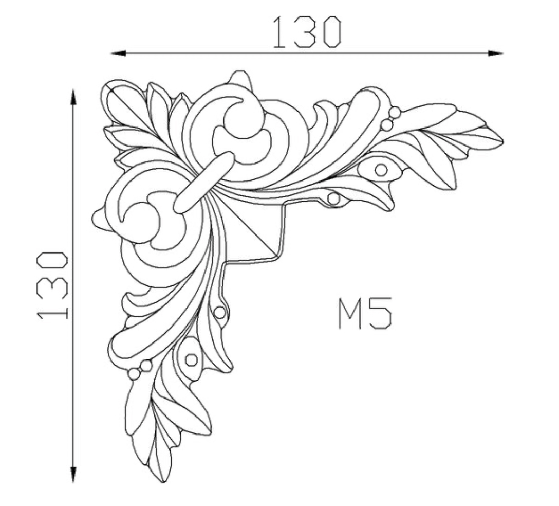 Jeu de 4 décors d'angle en fonte motif feuille pour ornementer la tôle de portail. Hauteur 130mm Largeur 130mm. épaisseur 12mm. Il apportera un certain cachet à votre portail et portillon. Fixation par vissage avec vis en taraudage M5 (soit 4,2mm). Fourni brute, à peindre ou à vernir. La fonte est reconnue pour sa solidité, sa durabilité et sa résistance à la corrosion.