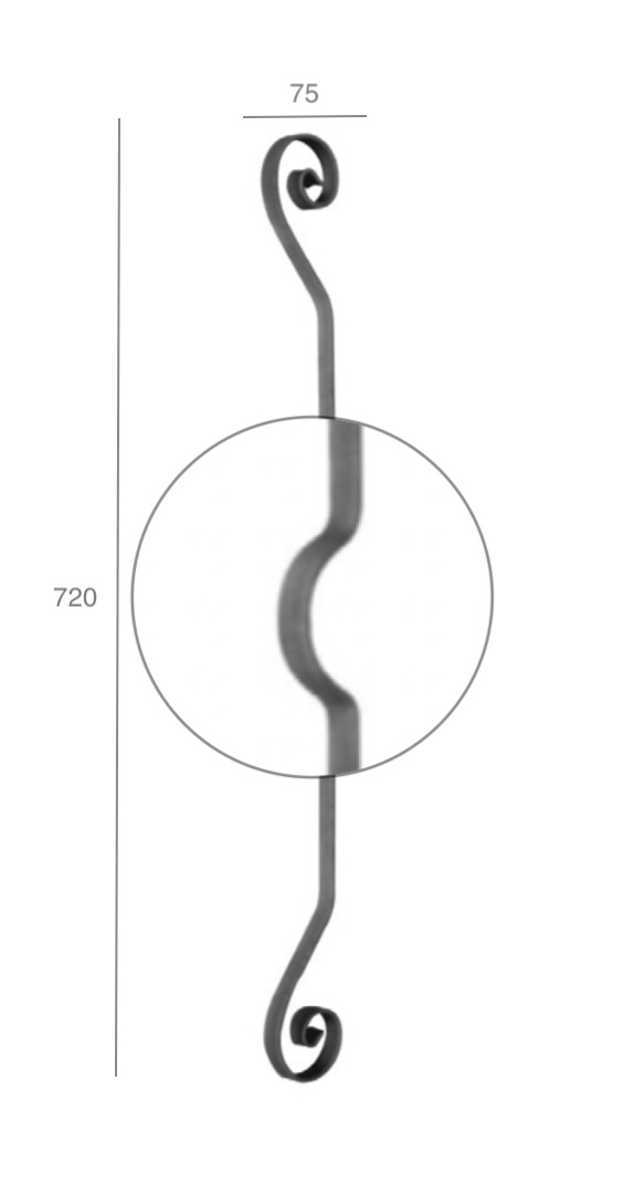 Volute en fer forgé décorative, symétrique avec motif au centre. Hauteur de 720mm et largeur de 75mm, section en fer plat de 20x6mm. Les extrémités des volutes sont effilées et rayées, ce qui apporte de l'élégance à la fabrication. Peut-être utilisée en tant que frise dans un garde-corps ou intégrée dans un bandeau de renfort par exemple. Fixation par soudure.Fournie brut, à peindre ou à venir.