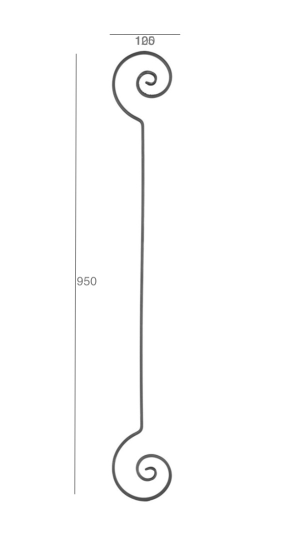 Volute en fer forgé décorative, symétrique. Hauteur de 950mm et largeur de 100mm, section en fer plat de 12x6mm. Les extrémités des volutes sont effilées et rayées, ce qui apporte de l'élégance à la fabrication. Peut-être utilisée en tant que frise dans un garde-corps ou intégrée dans un bandeau de renfort par exemple. Fixation par soudure.Fournie brut, à peindre ou à venir.