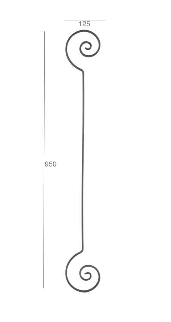 Volute en fer forgé décorative, symétrique. Hauteur de 950mm et largeur de 125mm, section en fer plat de 12mm de large et 6mm d’épaisseur. Les extrémités des volutes sont effilées et rayées, ce qui apporte de l'élégance à la fabrication. Peut-être utilisée en tant que frise dans un garde-corps par exemple. Fixation par soudure.Fournie brut, à peindre ou à venir.