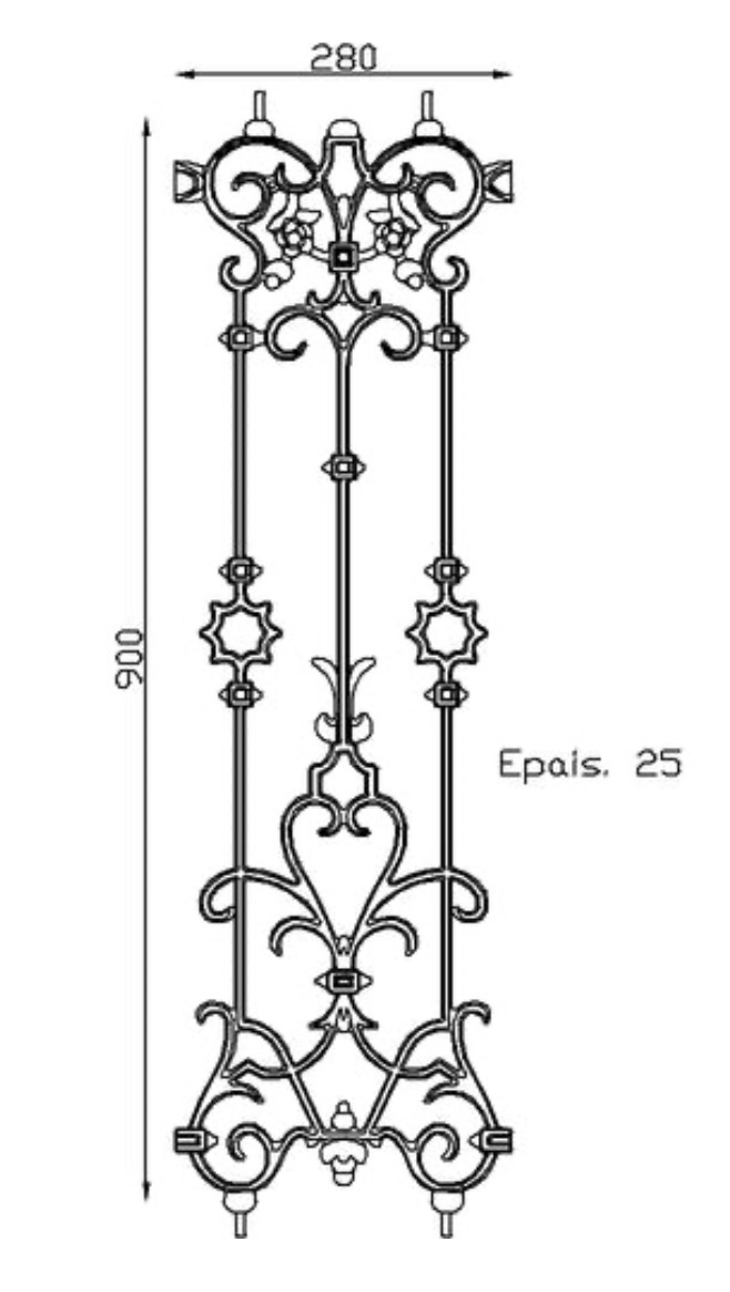 Balustre en fonte double face pour garde corps, avec un insert en acier. Hauteur 900mm et Largeur 280mm. Ce panneau décoratif peut être présenté à l'horizontale ou à la verticale, son utilisation est multiple: balcon, terrasse, fenêtre, balustrade... Il apportera un certain cachet et du charme. Fixation par soudage sur la lisse à l'aide des tiges d'acier. Fourni brute, à peindre ou à vernir. La fonte est reconnue pour sa solidité, sa durabilité et sa résistance à la corrosion.