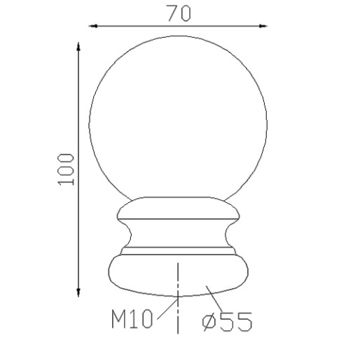 Boule en fonte pleine sur un pommeau estampé. Hauteur 100mm largeur 70mm base du support diamètre 55mm. Sert d'ornement pour toutes vos fabrications, escaliers, pergola, rambardes, par exemple. Fixation par vis (non fournie) grâce au taraudage M10 sous la base. Livrée brut, à peindre ou à vernir avec un produit adapter pour protéger contre la corrosion.