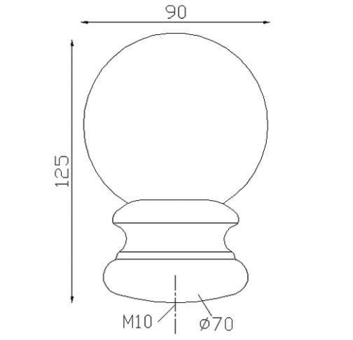 Boule en fonte pleine sur un pommeau estampé. Hauteur 125mm largeur 90mm base du support diamètre 70mm. Sert d'ornement pour toutes vos fabrications, escaliers, pergola, rambardes, par exemple. Fixation par vis (non fournie) grâce au taraudage M10 sous la base. Livrée brut, à peindre ou à vernir avec un produit adapter pour protéger contre la corrosion.